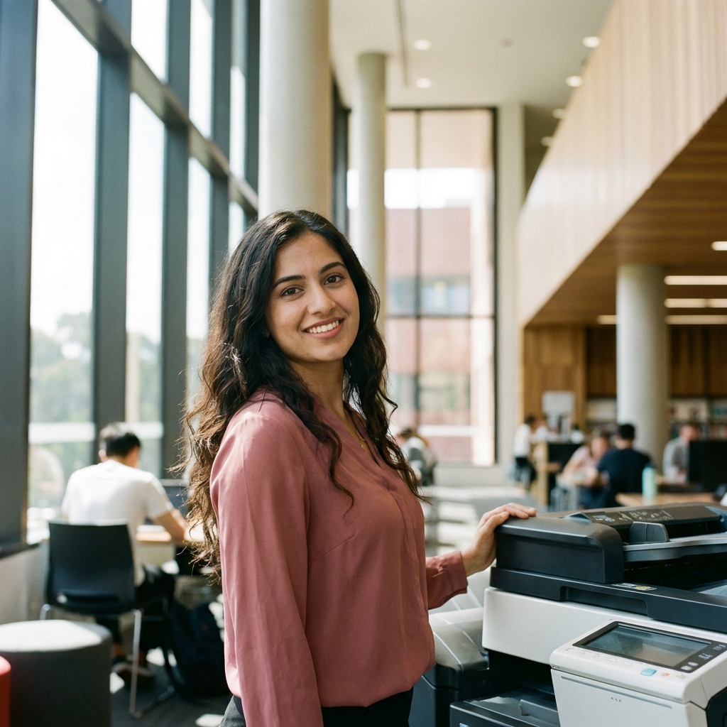 University staff member using cloud print management in an Australian campus library