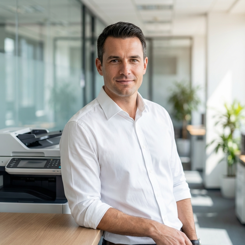 Enterprise professional in a modern corporate office with cloud-managed printing
