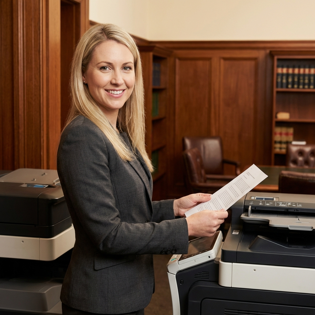 Legal professional using secure document printing in an Australian law firm