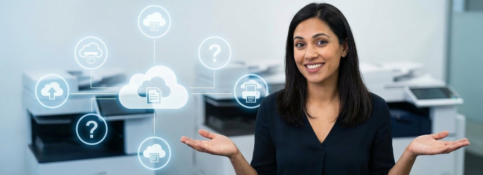 Modern enterprise office environment with cloud-managed printing infrastructure