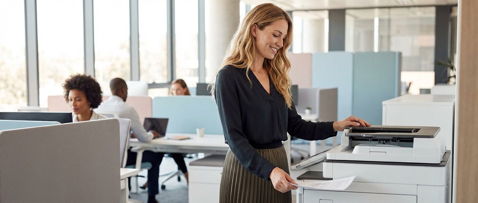 Professional using secure print release in a modern cloud-managed Australian office