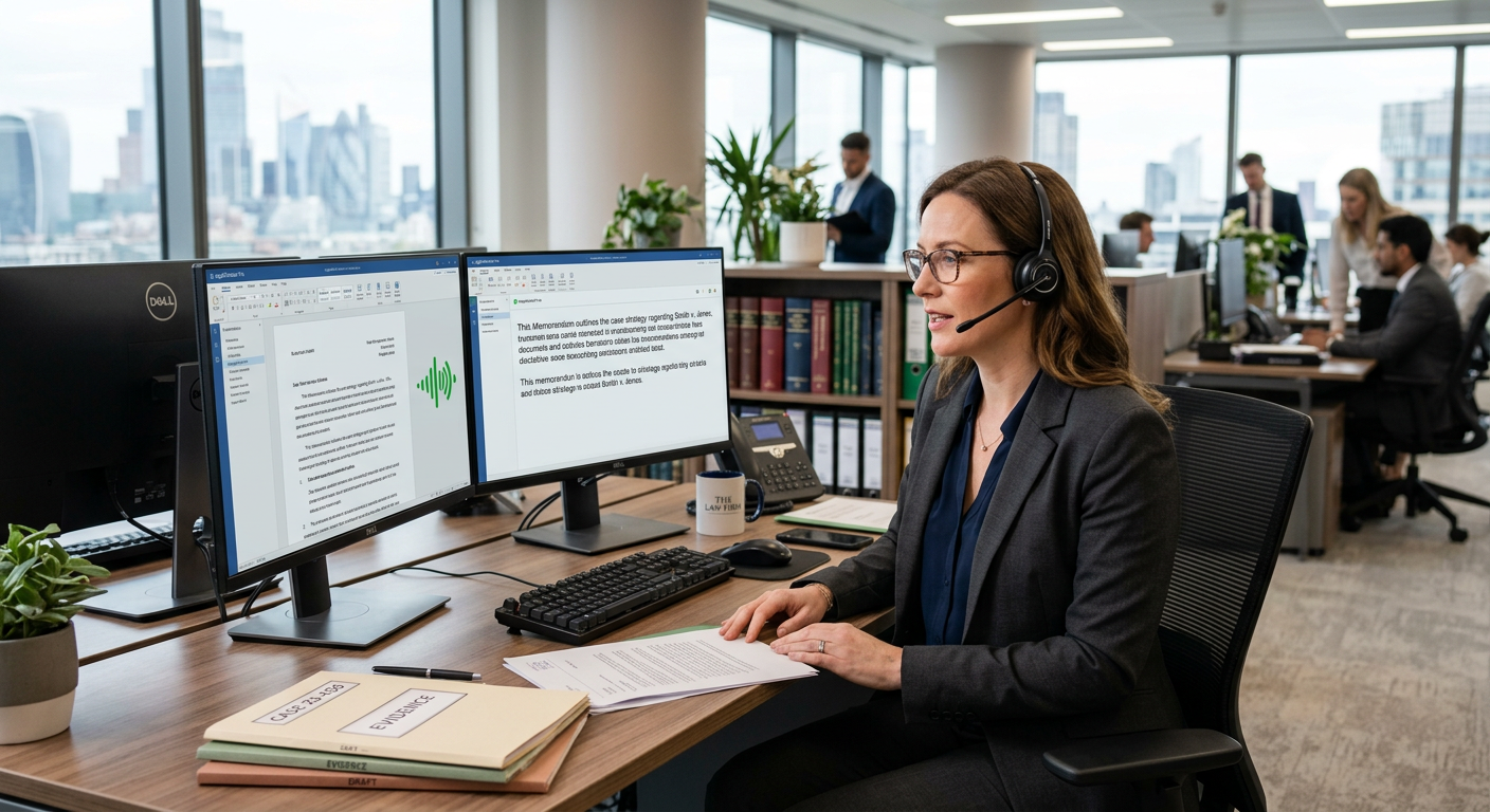 Legal professional using Dragon Professional speech recognition software dictating documents by voice, modern office environment