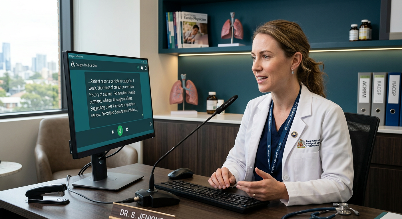 Australian doctor dictating by voice into a computer, speech recognition software interface visible, modern clinical office