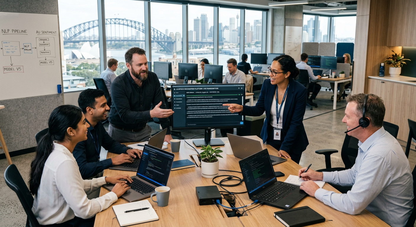 Australian enterprise technology team in a professional office, speech recognition software on screens, collaborative expert environment