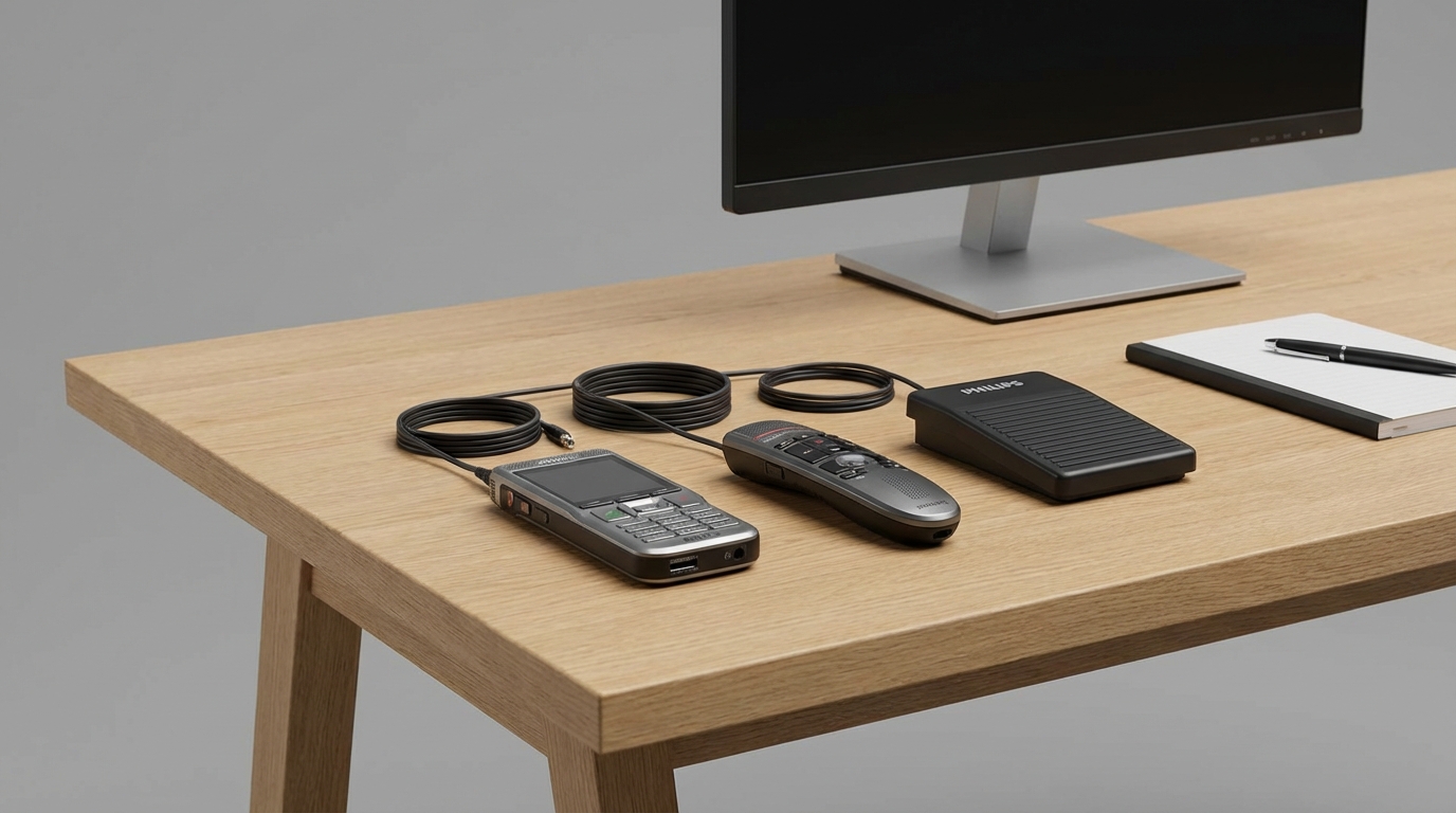 Arrangement of Philips dictation hardware including voice recorder, SpeechMike microphone and foot pedal