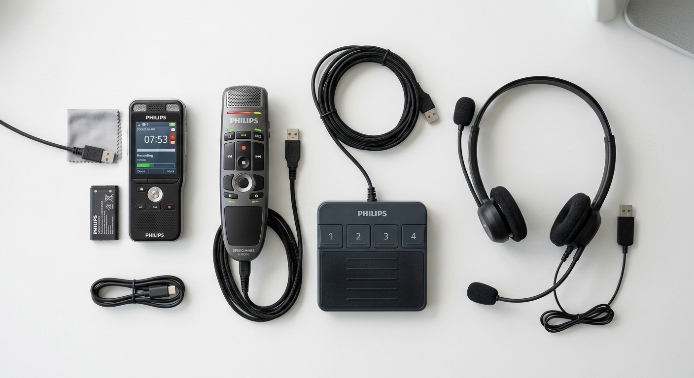 Flat lay of professional dictation equipment including Philips voice recorder, SpeechMike USB microphone, foot pedal and headset