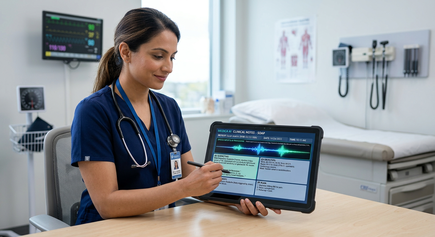 Clinical AI documentation interface on a tablet showing structured medical SOAP notes with speech waveform
