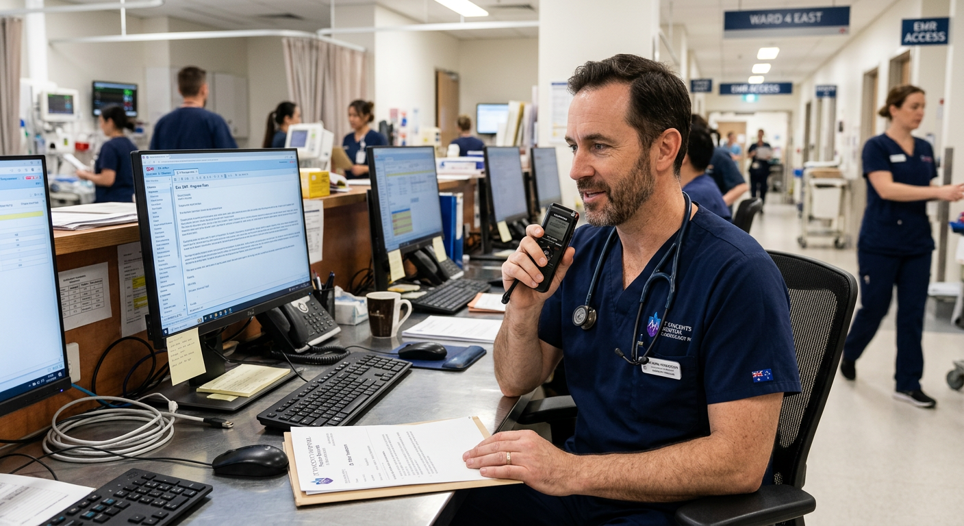 Australian doctor dictating clinical notes by voice at a hospital workstation