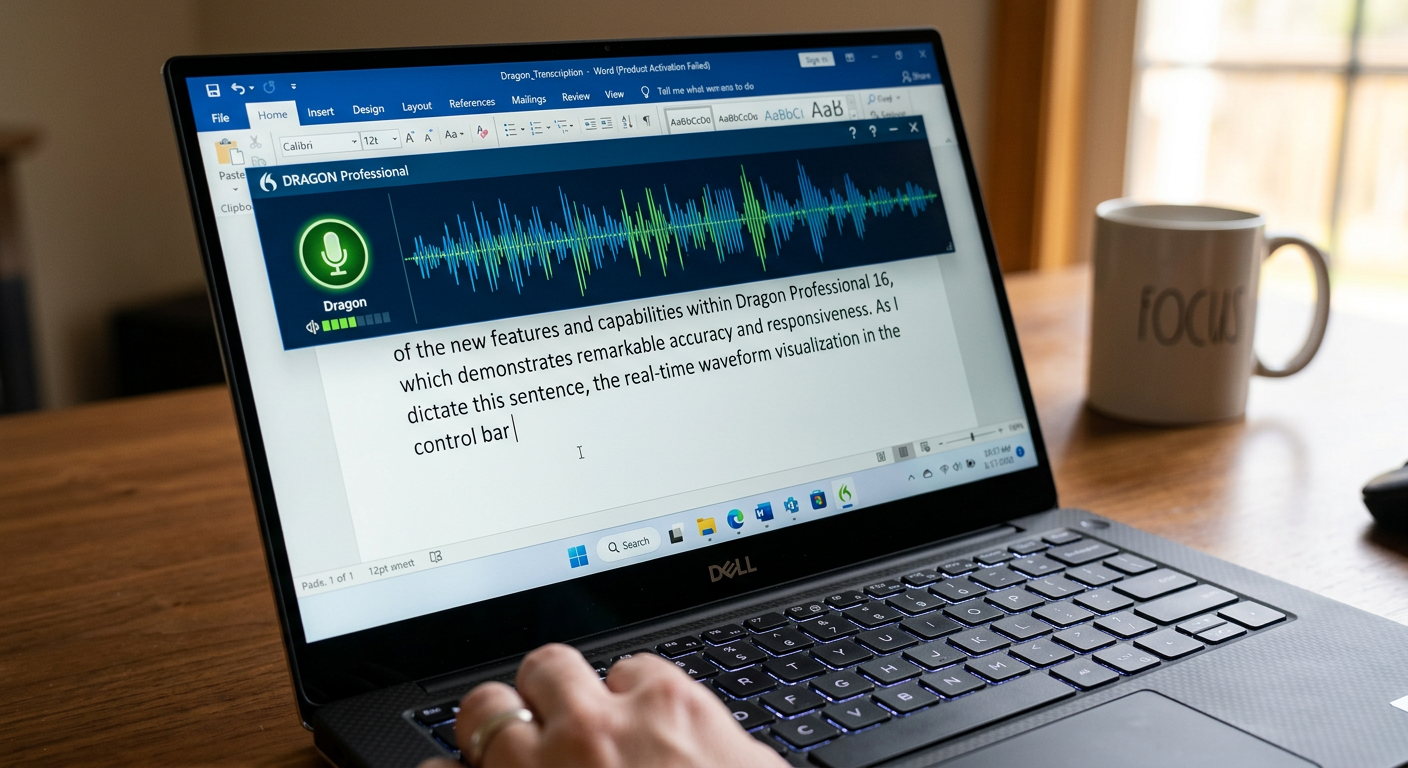 Dragon Professional speech recognition software waveform on a Windows laptop screen with a Word document open