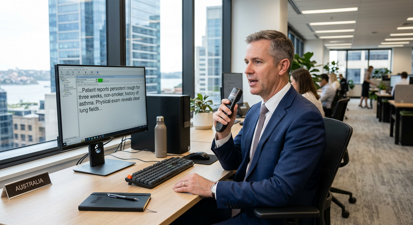 Professional dictating by voice into a SpeechMike USB microphone on a Windows desktop PC in a clean Australian office