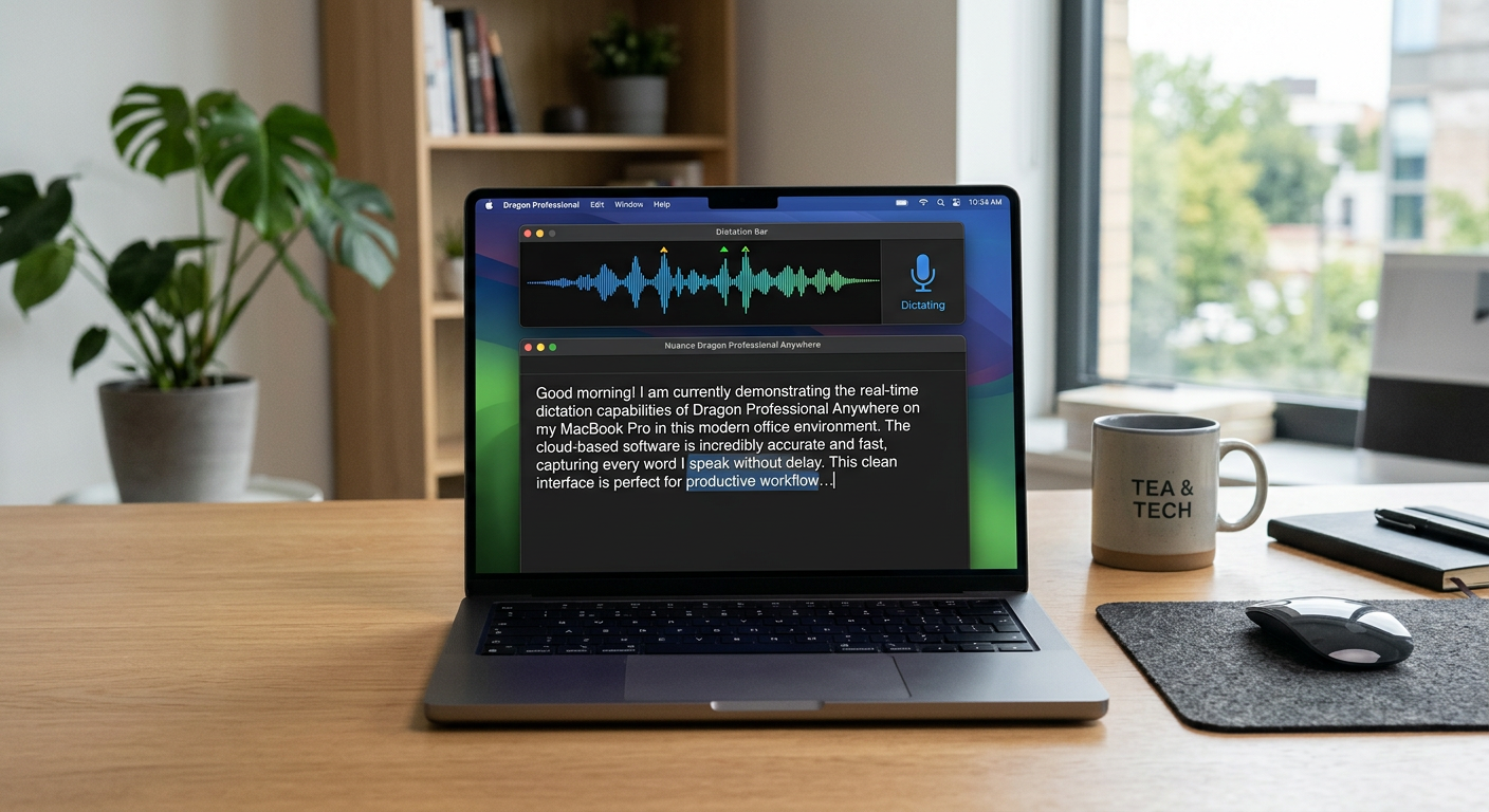 Dragon Professional Anywhere cloud speech recognition interface on a MacBook showing dictation waveform and real-time transcription