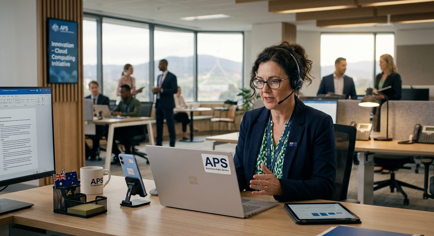 Government professional using cloud-based speech recognition on a laptop in a modern Australian public sector office
