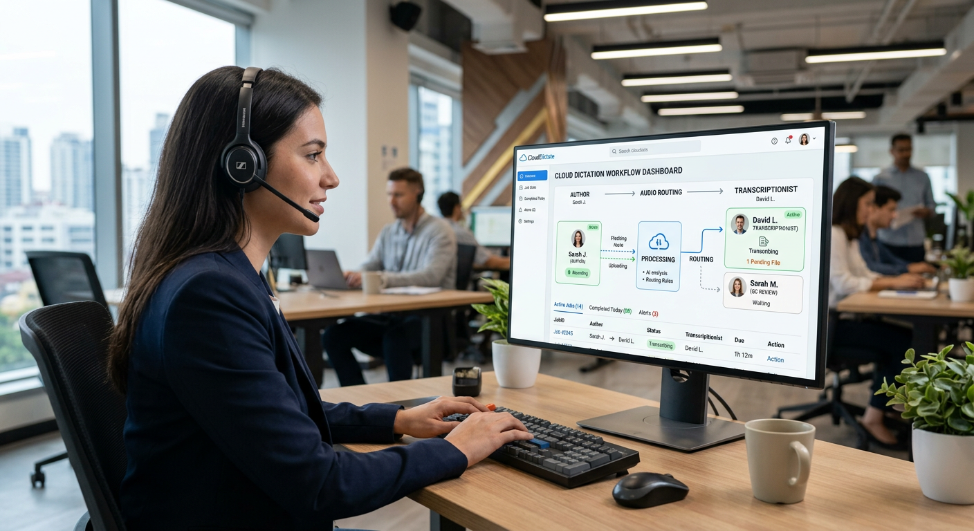 Cloud dictation workflow dashboard showing audio routing from author to transcriptionist