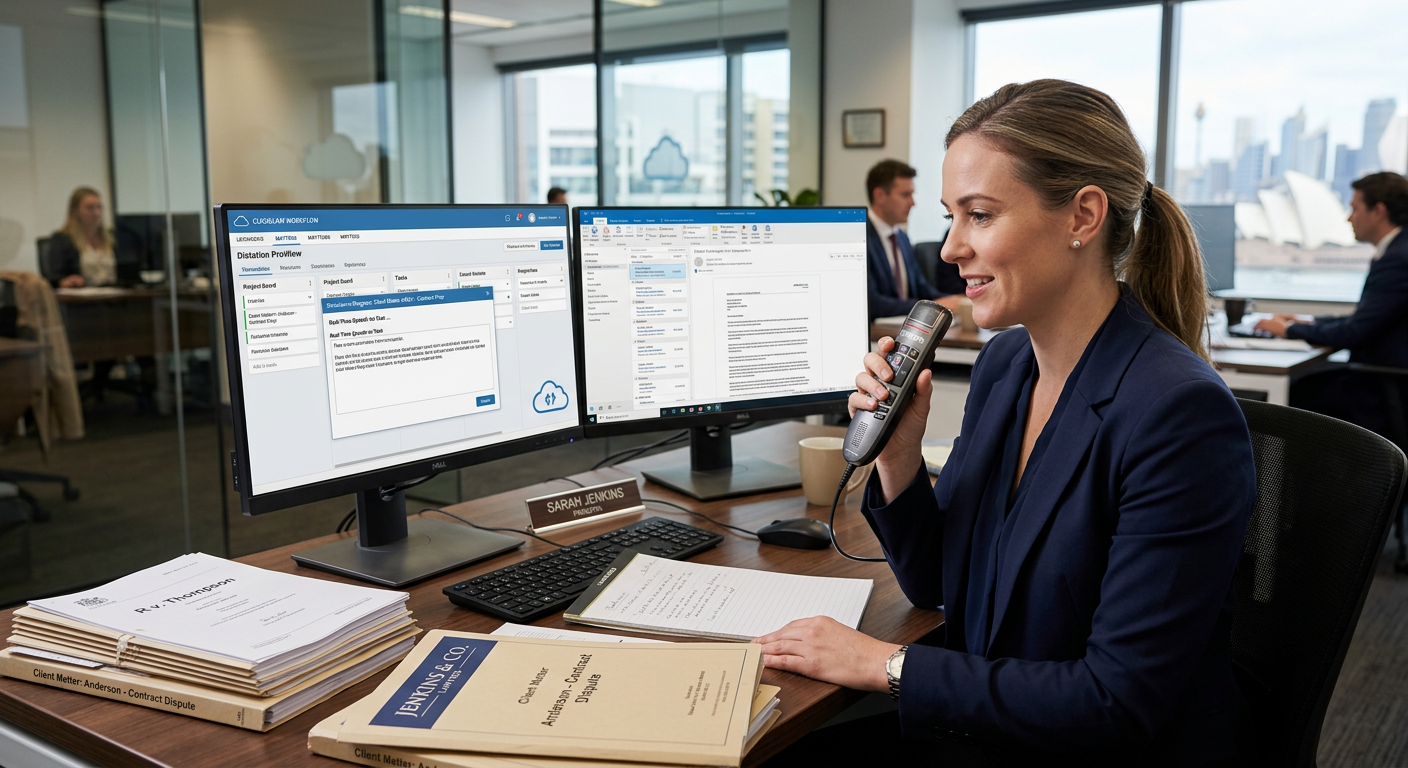 Legal professional dictating into a Philips SpeechMike at a desk with legal documents and cloud workflow on screen