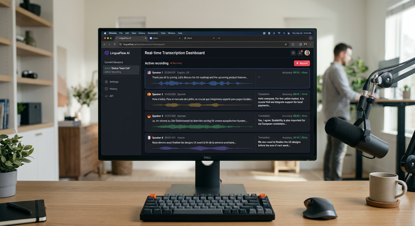 Browser-based AI speech recognition dashboard showing real-time transcription of multiple languages