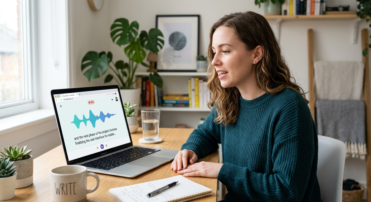 Person speaking into a laptop microphone in a browser-based speech-to-text app with waveform animating on screen