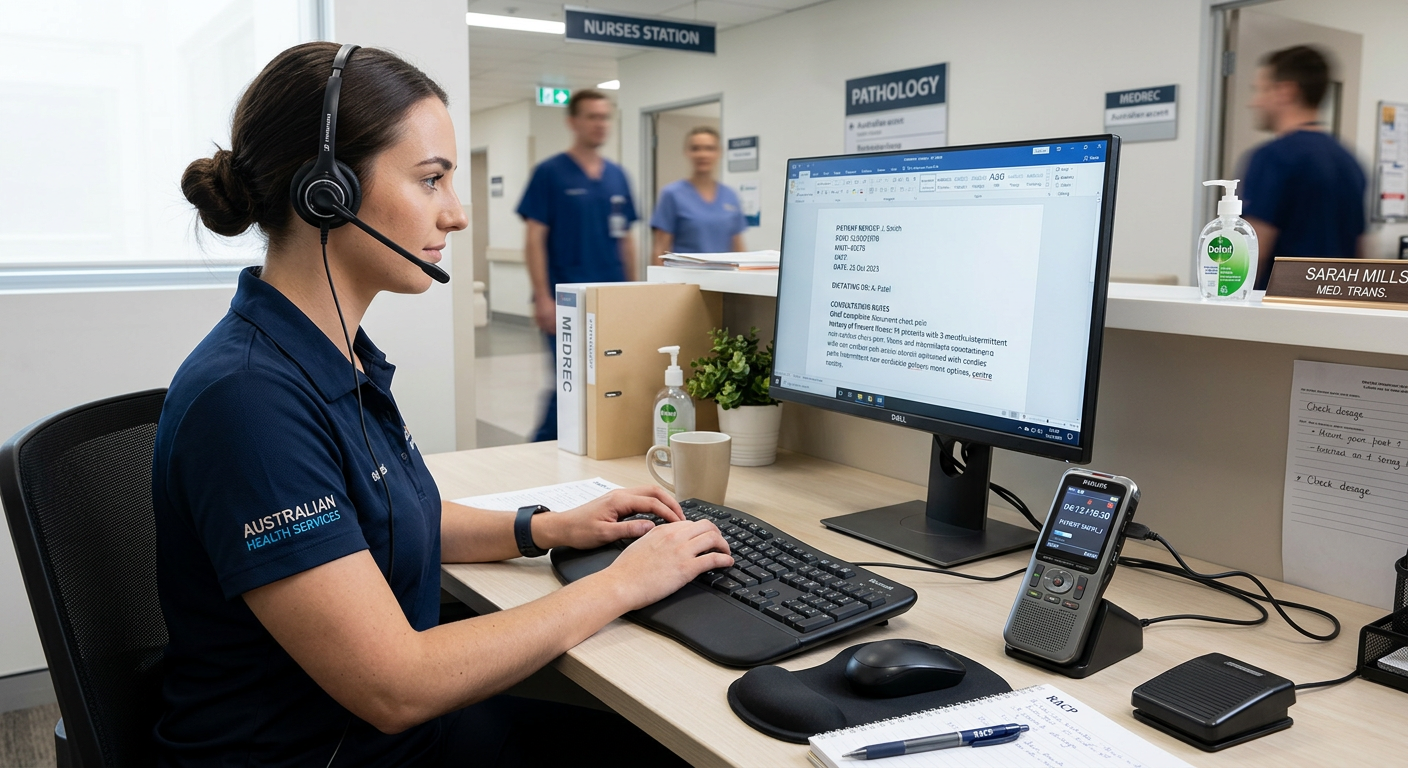 Medical transcription workflow showing a typed transcript document on screen next to a digital voice recorder and headset