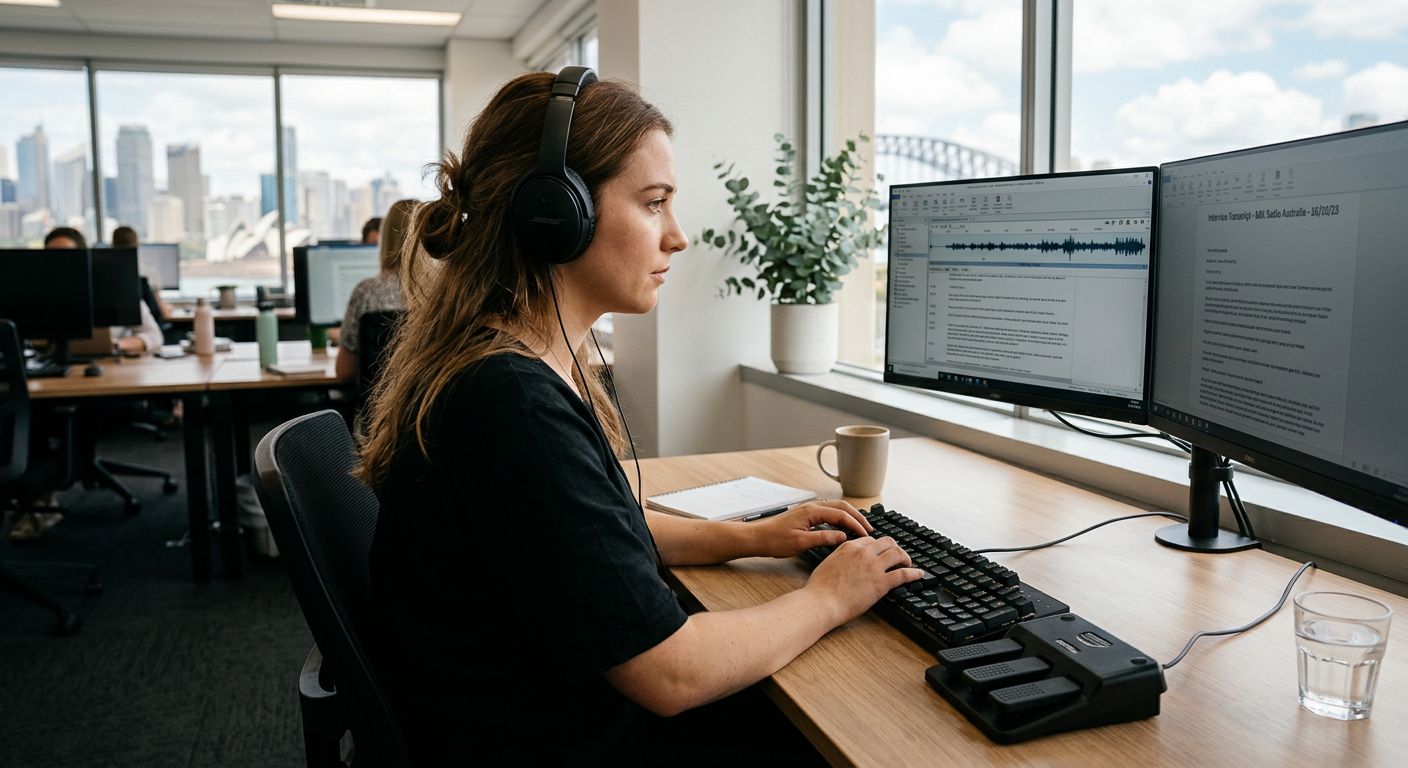 Professional transcriptionist at a desk with headphones, foot pedal and keyboard transcribing audio