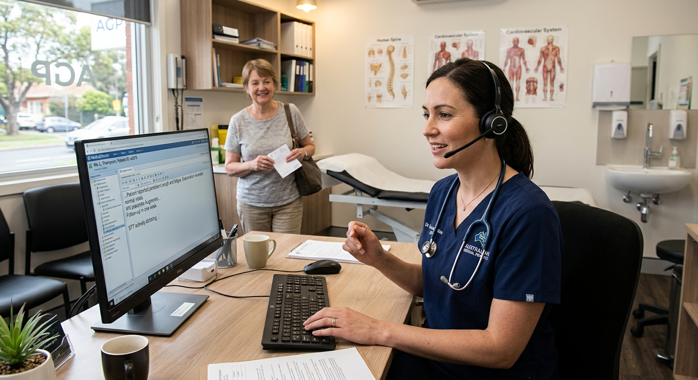 Australian GP dictating clinical notes using speech recognition at a modern medical practice