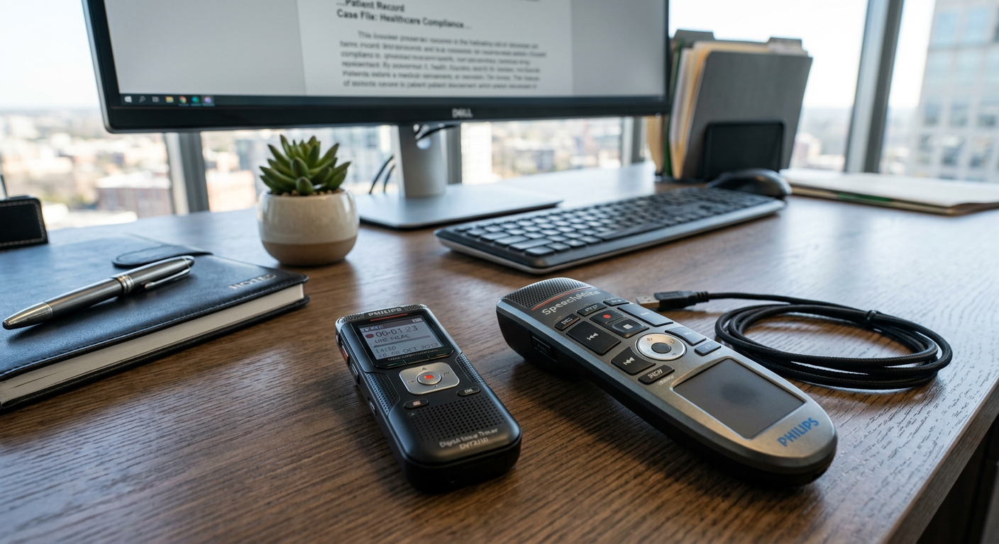 Philips digital voice recorder and SpeechMike dictation hardware on a professional desk