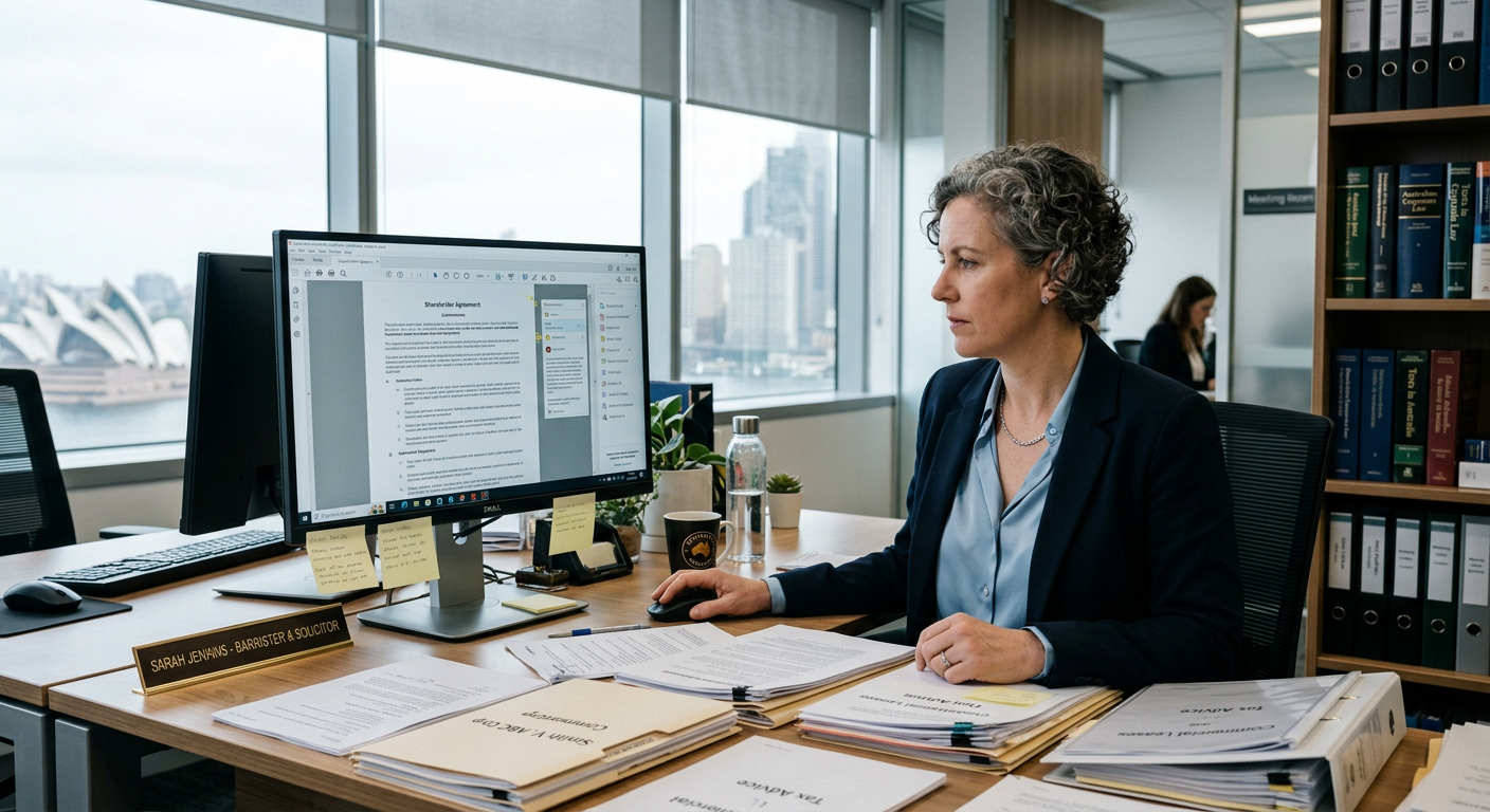 Australian professional reviewing PDF documents on a computer screen