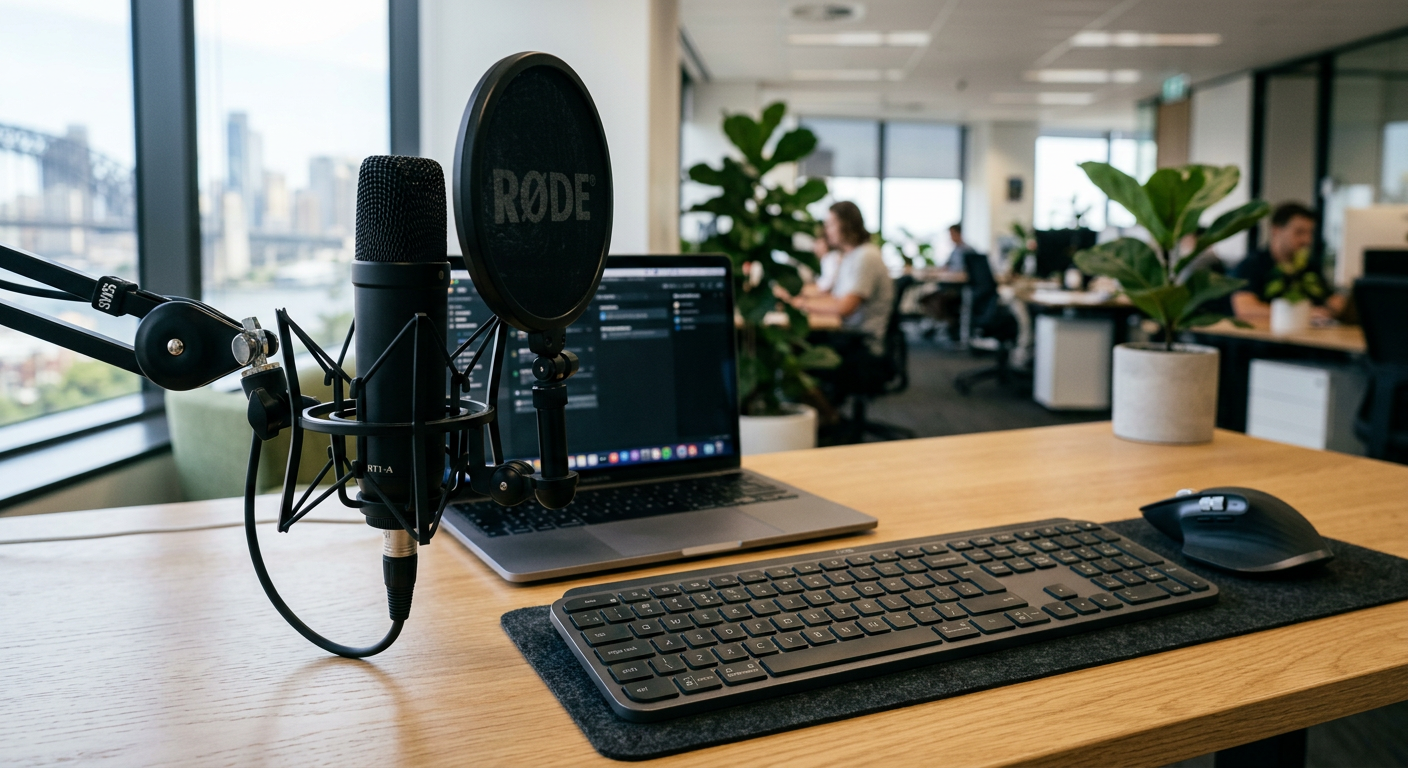 Professional microphone on a modern desk for speech recognition dictation