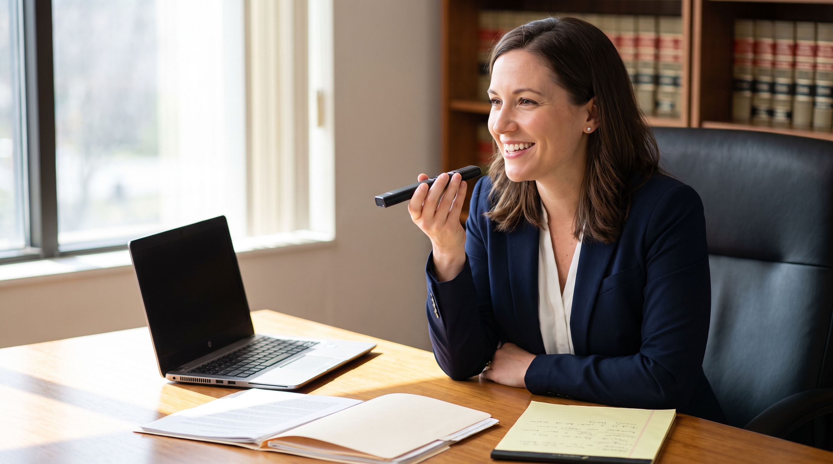 Australian solicitor dictating an attendance note into a handheld dictation microphone at her desk