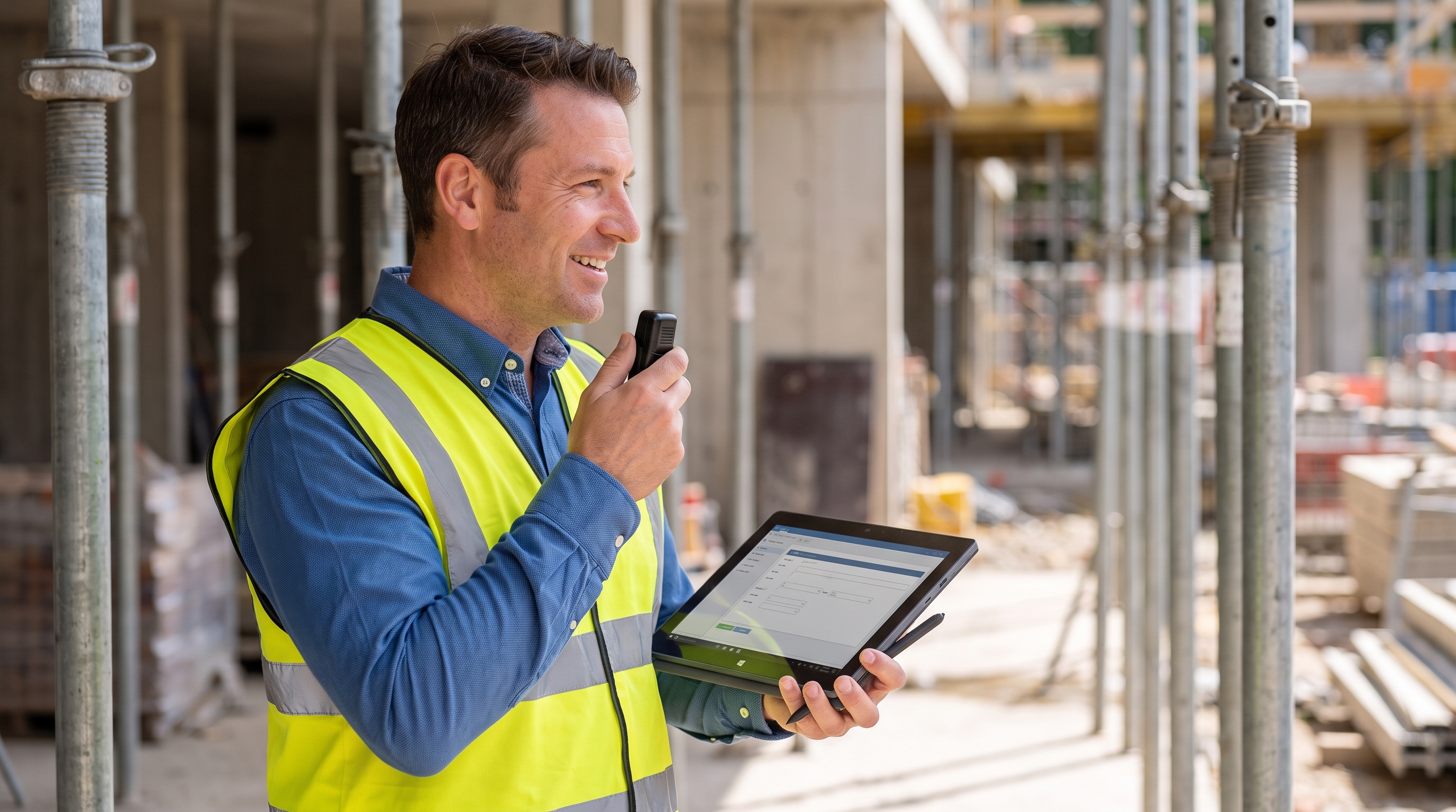 Site inspector dictating an inspection report on a construction site using a handheld microphone and Windows tablet