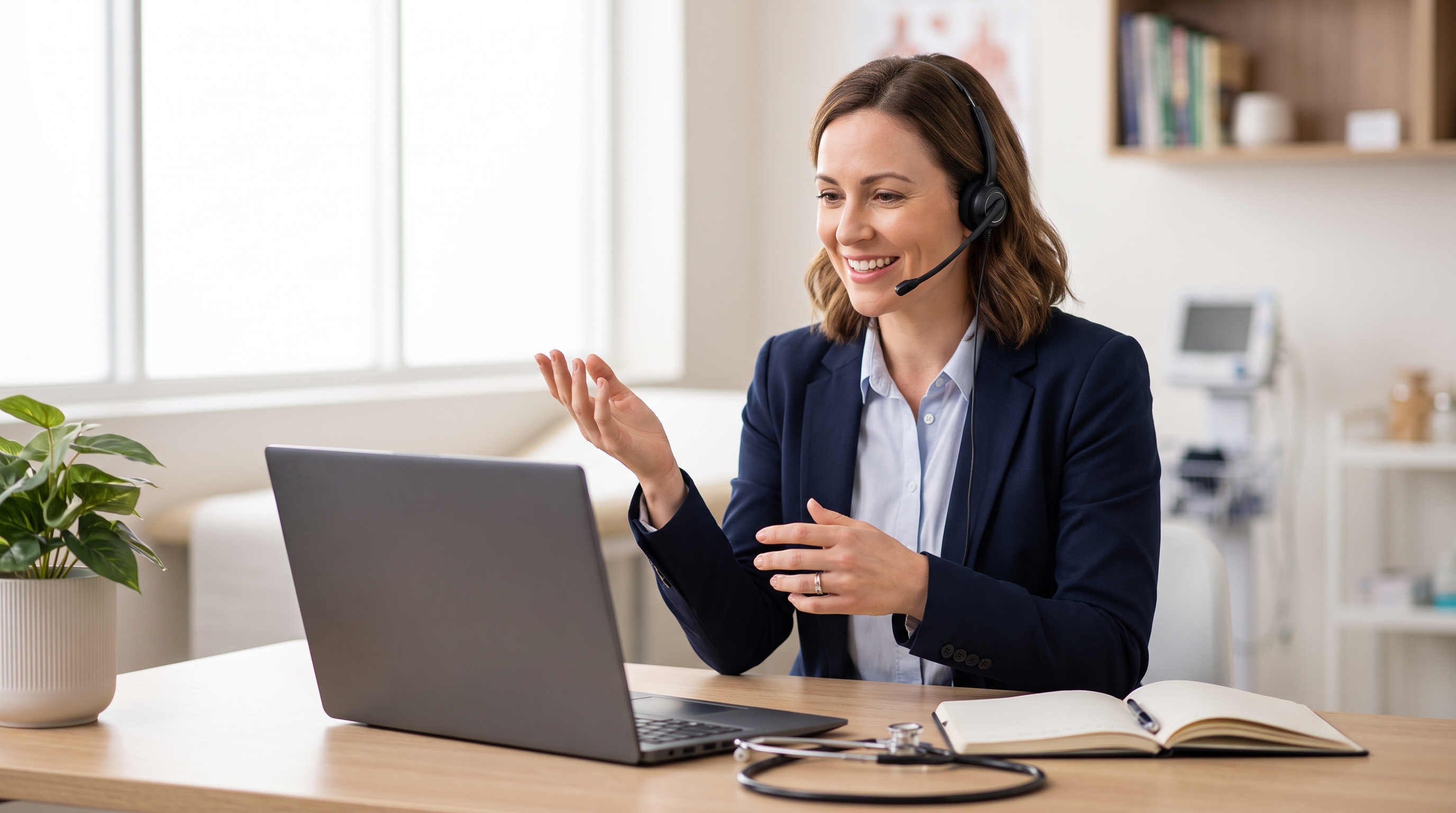An Australian doctor smiling and speaking while wearing a headset microphone at a consulting room desk