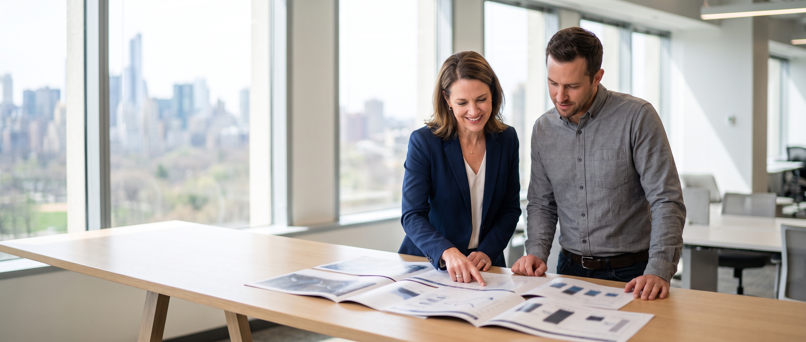 Two clinical researchers reviewing printed studies spread across a table