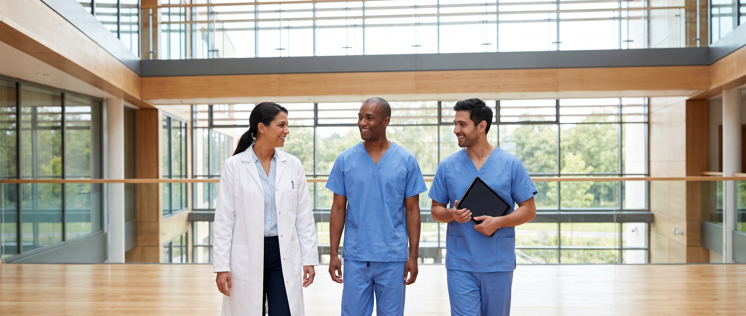 Three hospital clinicians walking and talking together in a bright hospital atrium