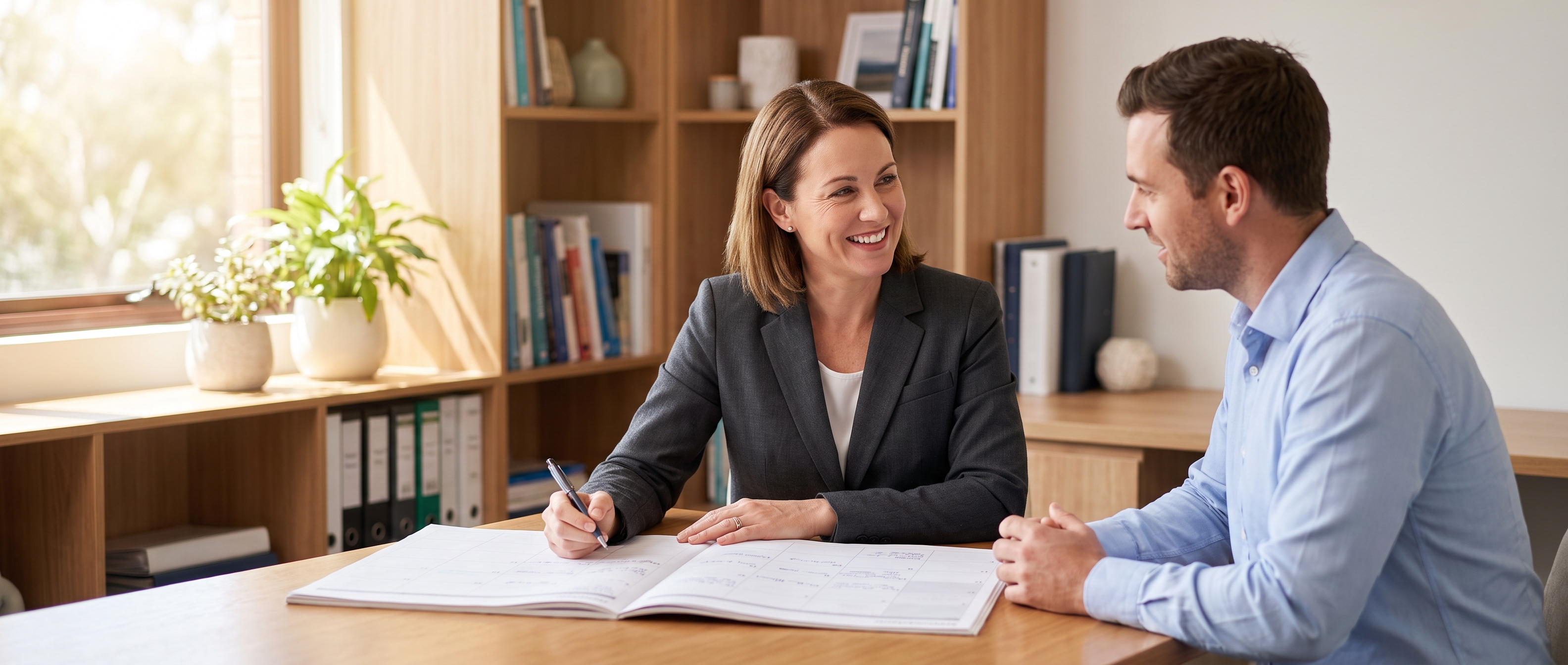 A practice manager and a colleague reviewing a printed licensing plan at a desk
