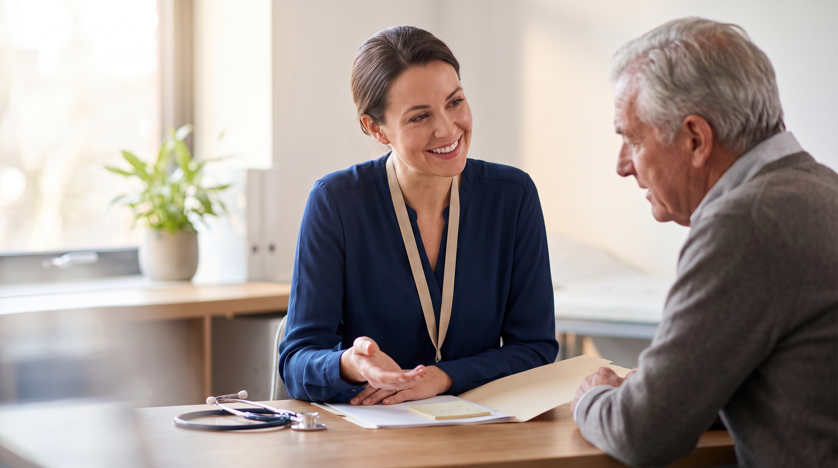 A doctor explaining something to an older patient across a consulting room desk