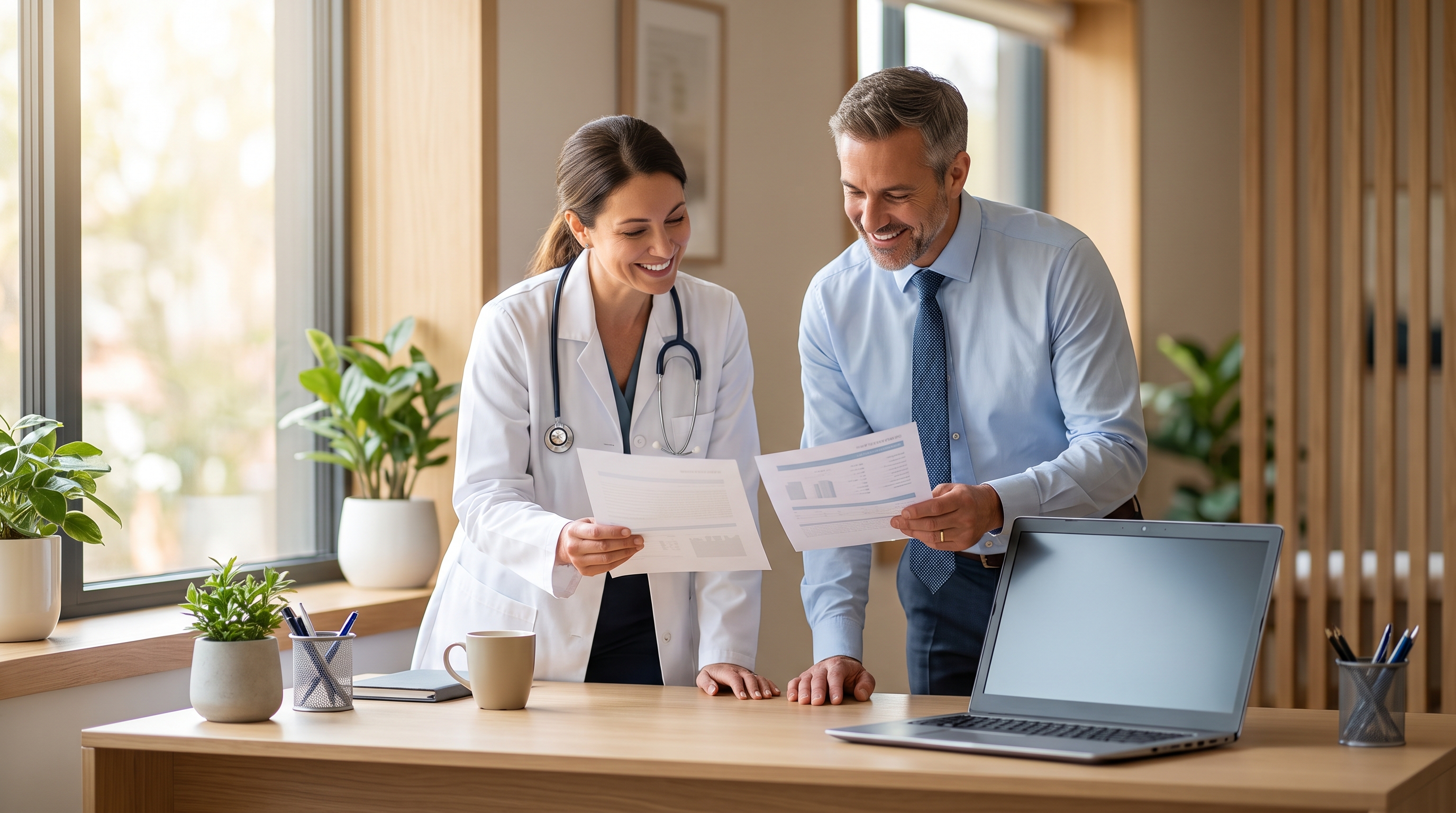 Two doctors comparing printed documents at a clinic desk