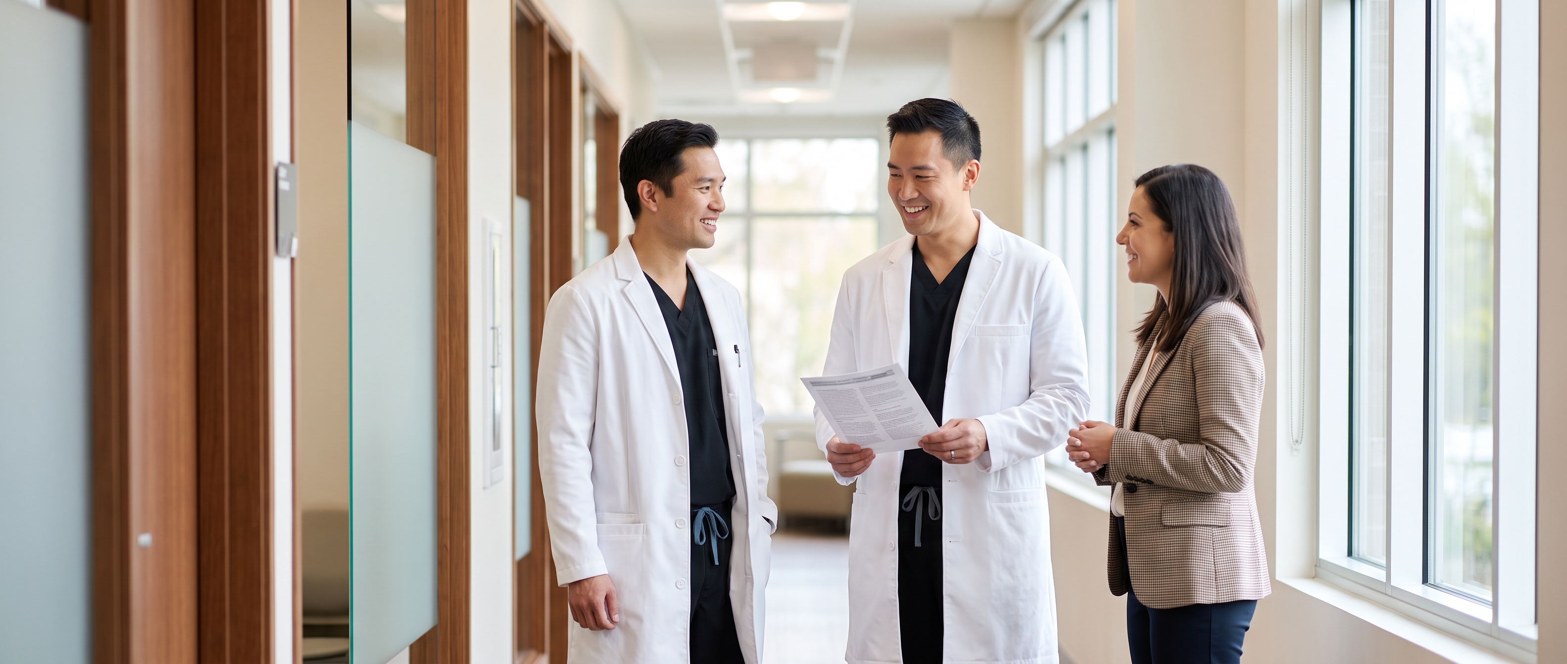 Two doctors and a practice manager talking in a clinic corridor
