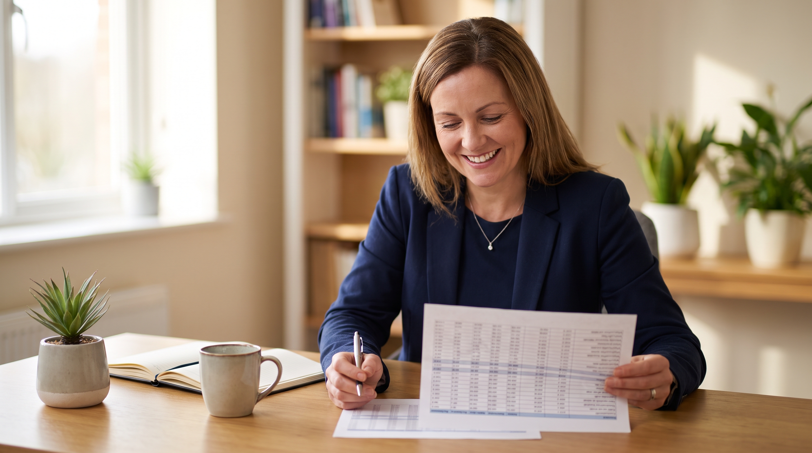 A practice manager reviewing a printed plan comparison at an office desk