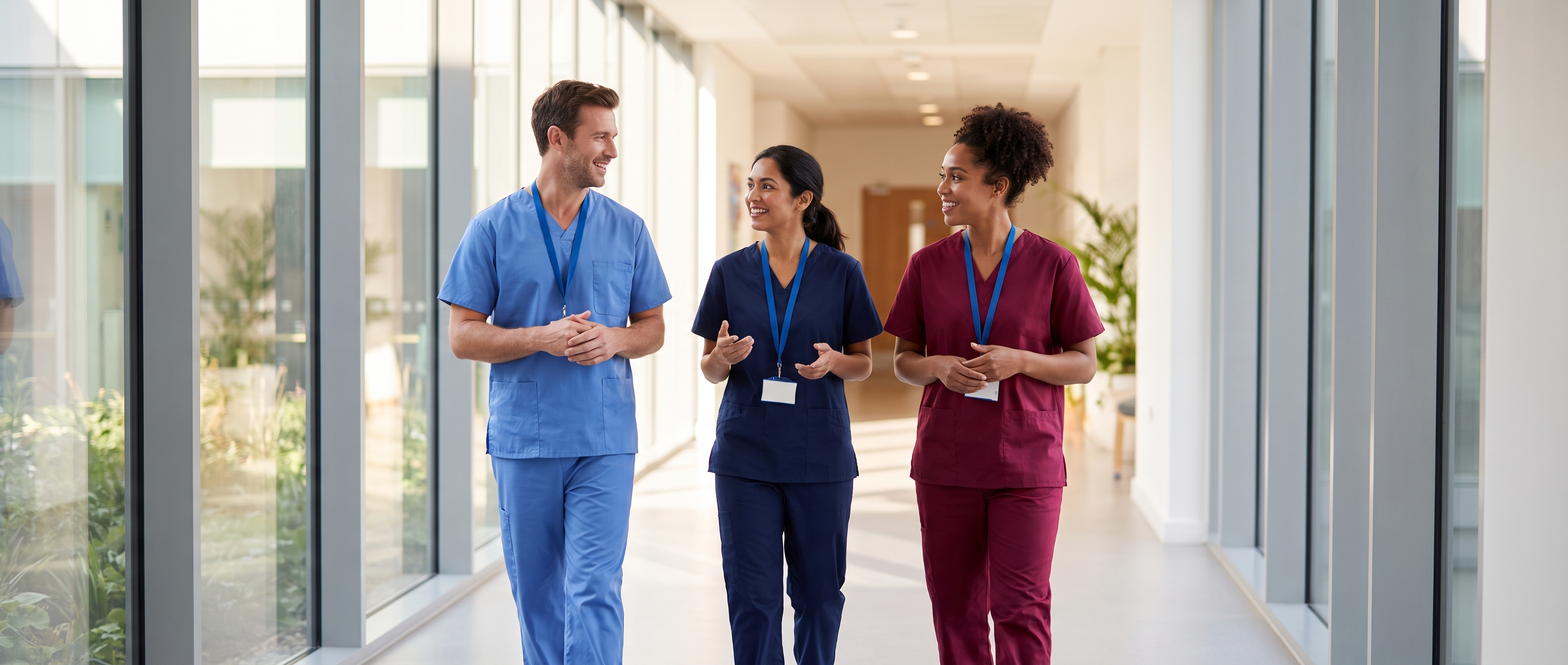 Three hospital clinicians walking and talking along a bright hospital corridor
