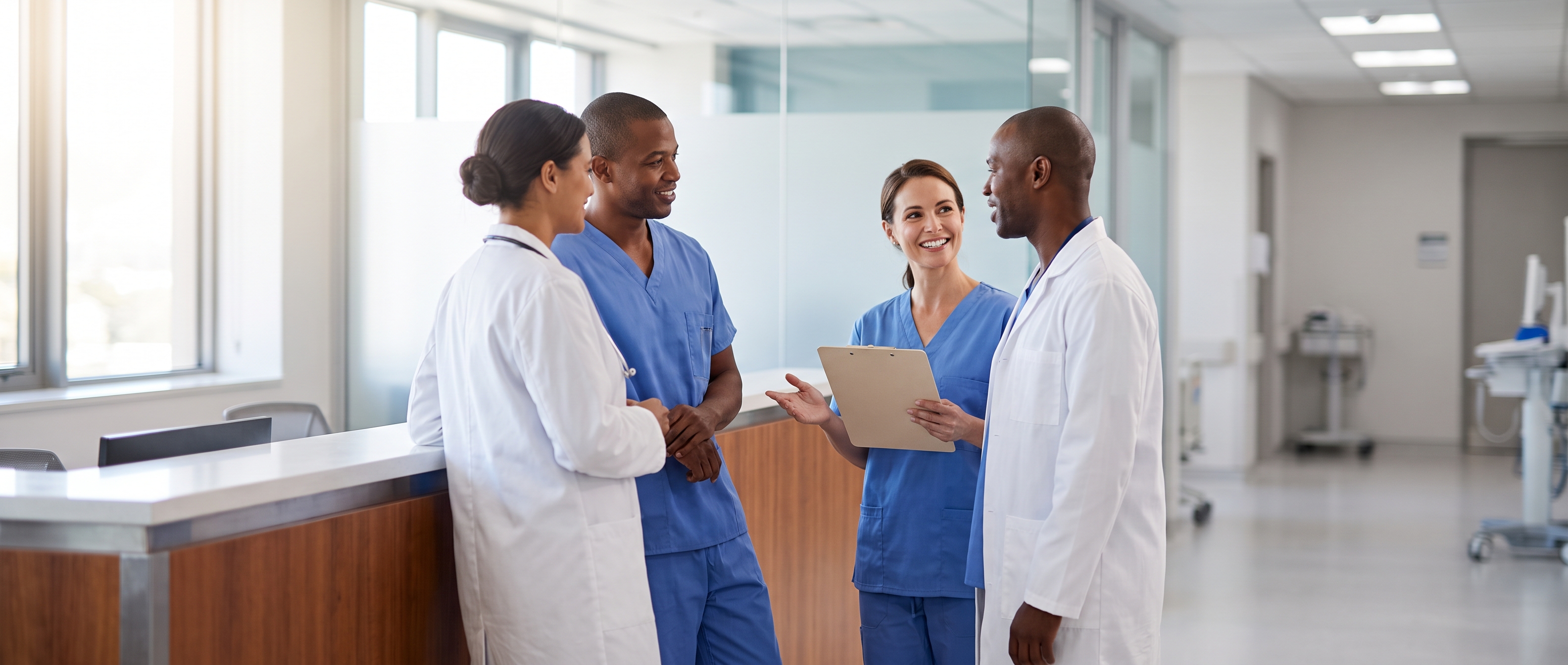 Hospital clinicians talking together at a ward station during handover