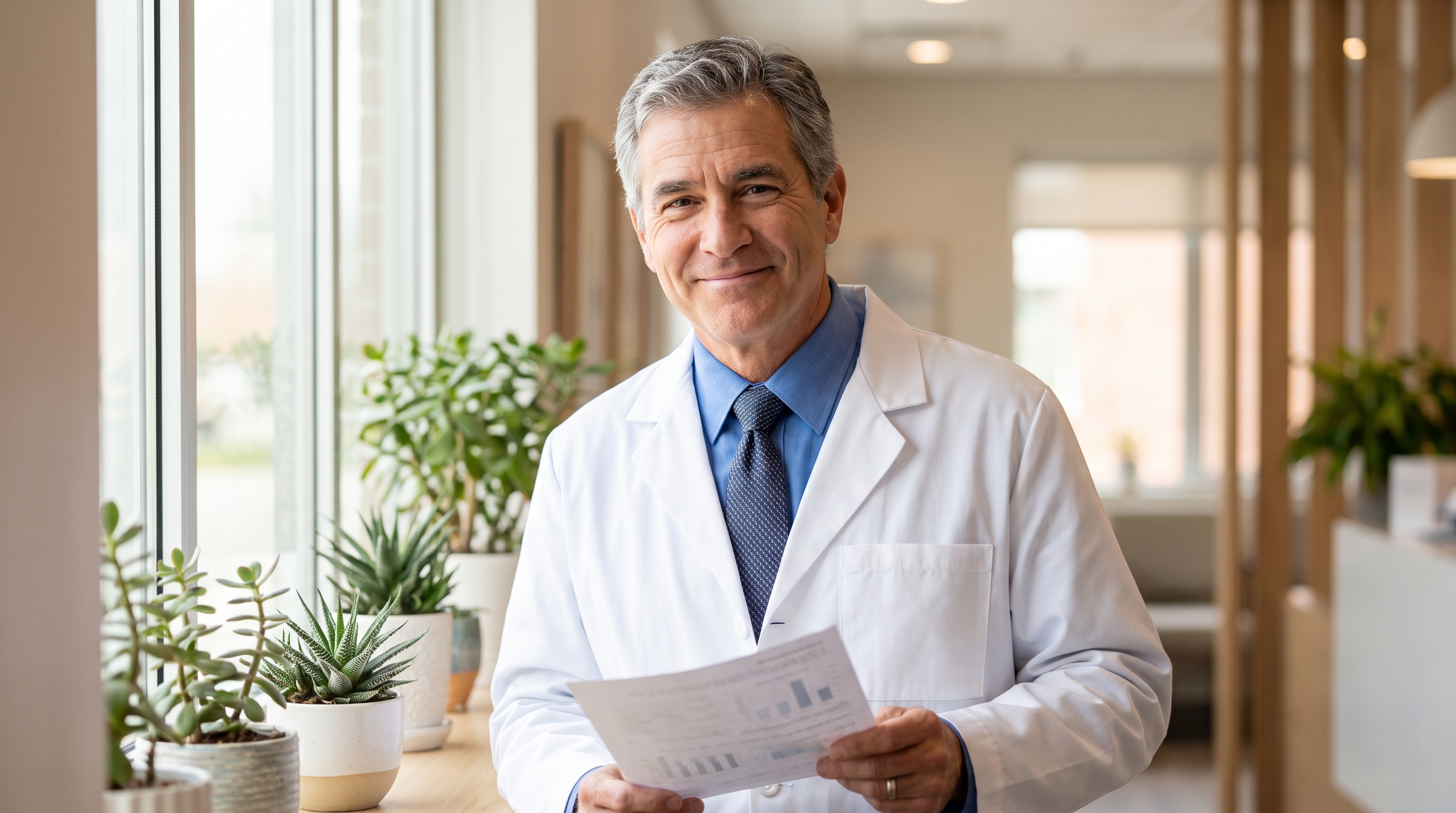 A senior doctor standing by a clinic window holding a printed document