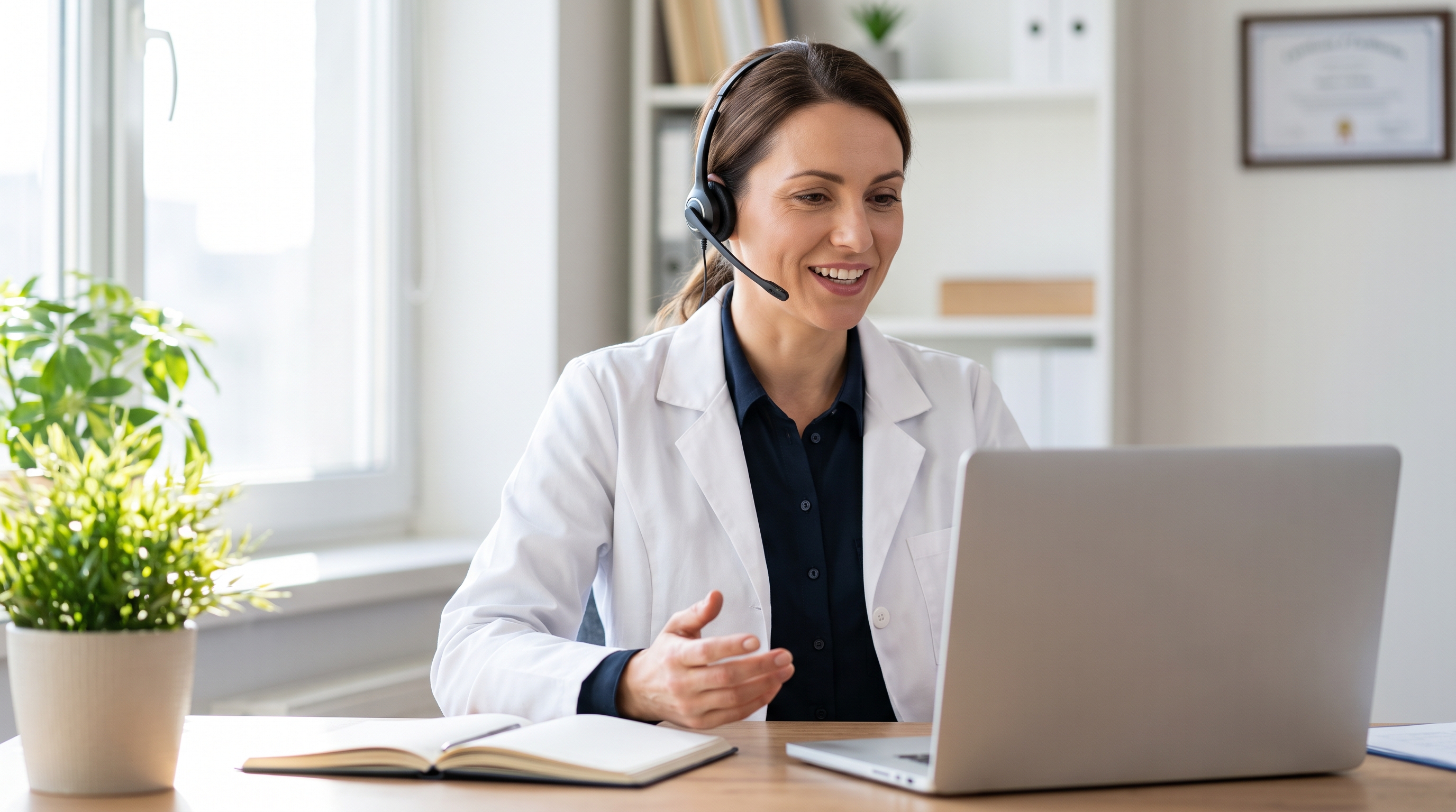 A doctor dictating into a headset microphone at a consulting room desk