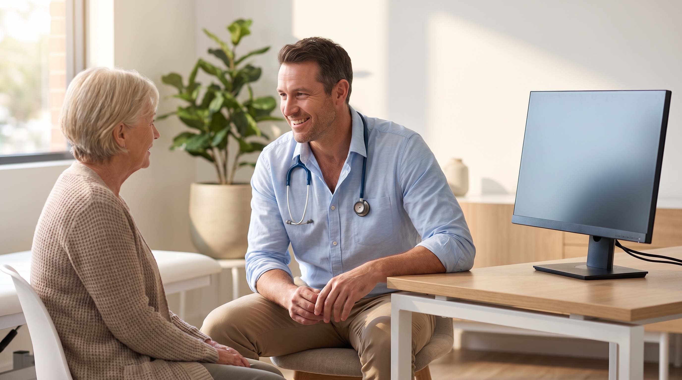 A doctor listening attentively to an older patient during a consultation