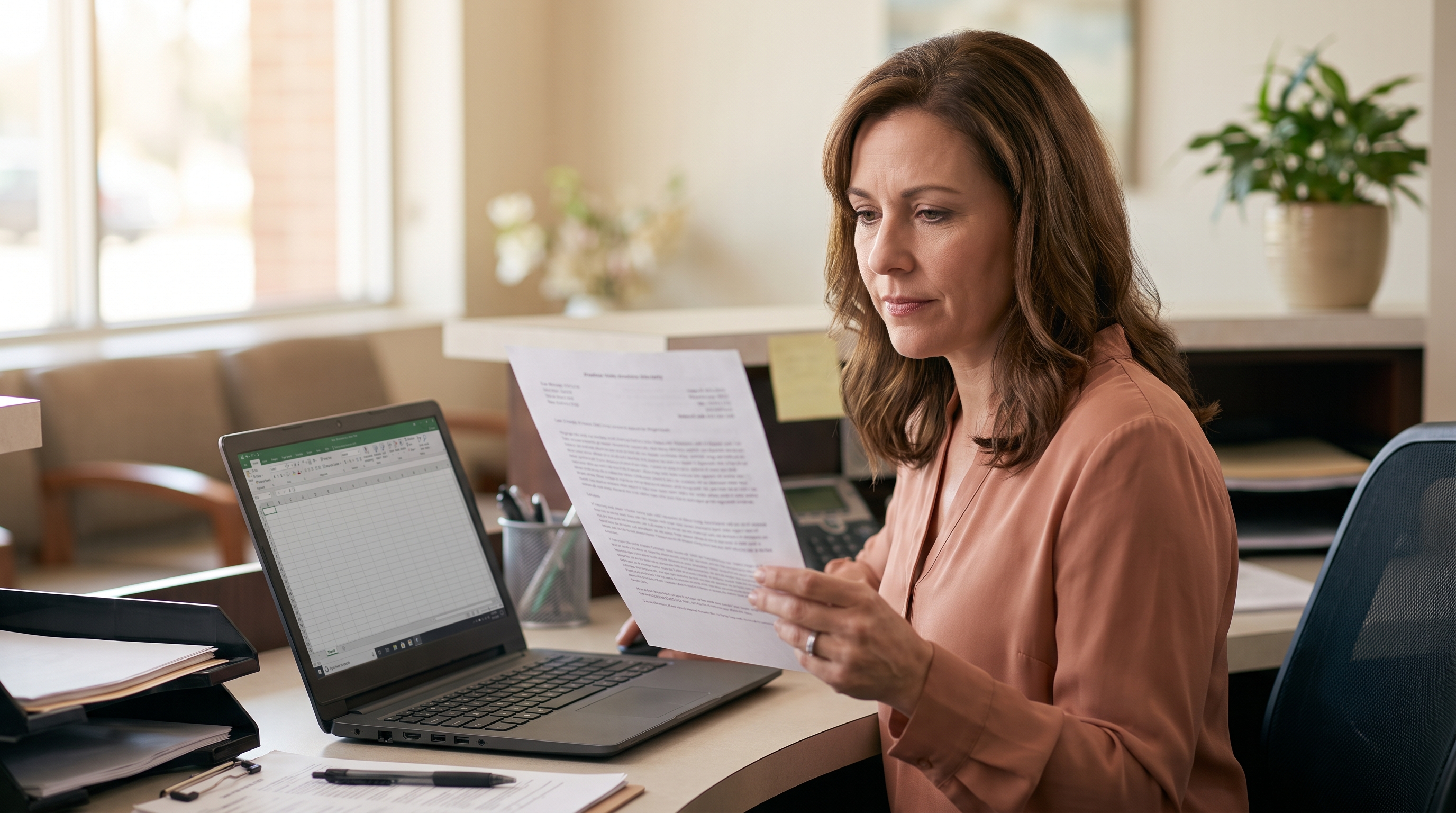 Practice manager comparing Dragon Medical One quotations at a medical reception desk
