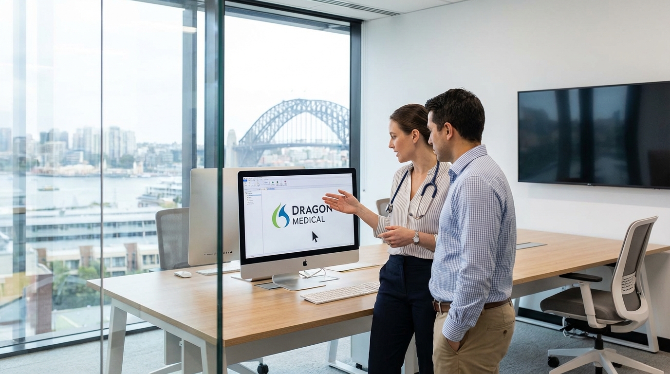 Doctor using Dragon Medical One cloud speech recognition in a hospital clinical setting, dictating patient notes hands-free