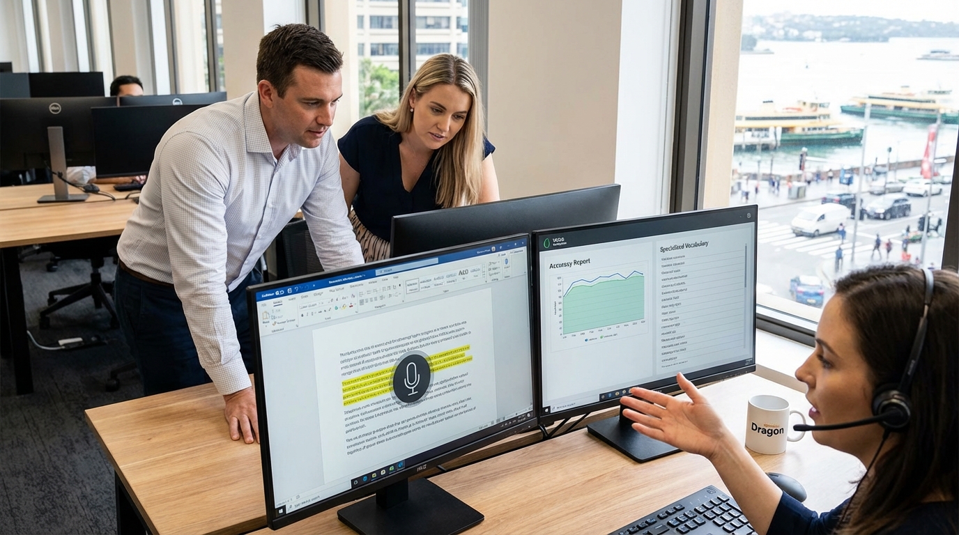 Australian government professional using Dragon Professional Group dictation on a Windows workstation