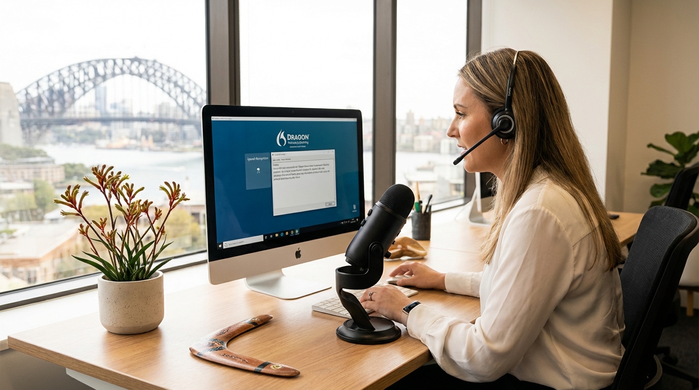 Australian professional comparing Dragon speech recognition software versions at a Windows workstation