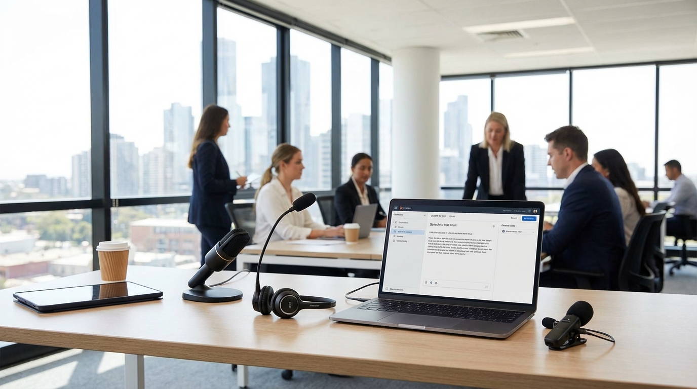 USB headset microphone for Dragon NaturallySpeaking dictation software on a professional's desk in Australia