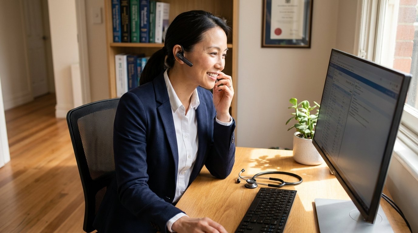 Australian GP dictating clinical notes using Dragon Medical One cloud speech recognition at her consulting room desk