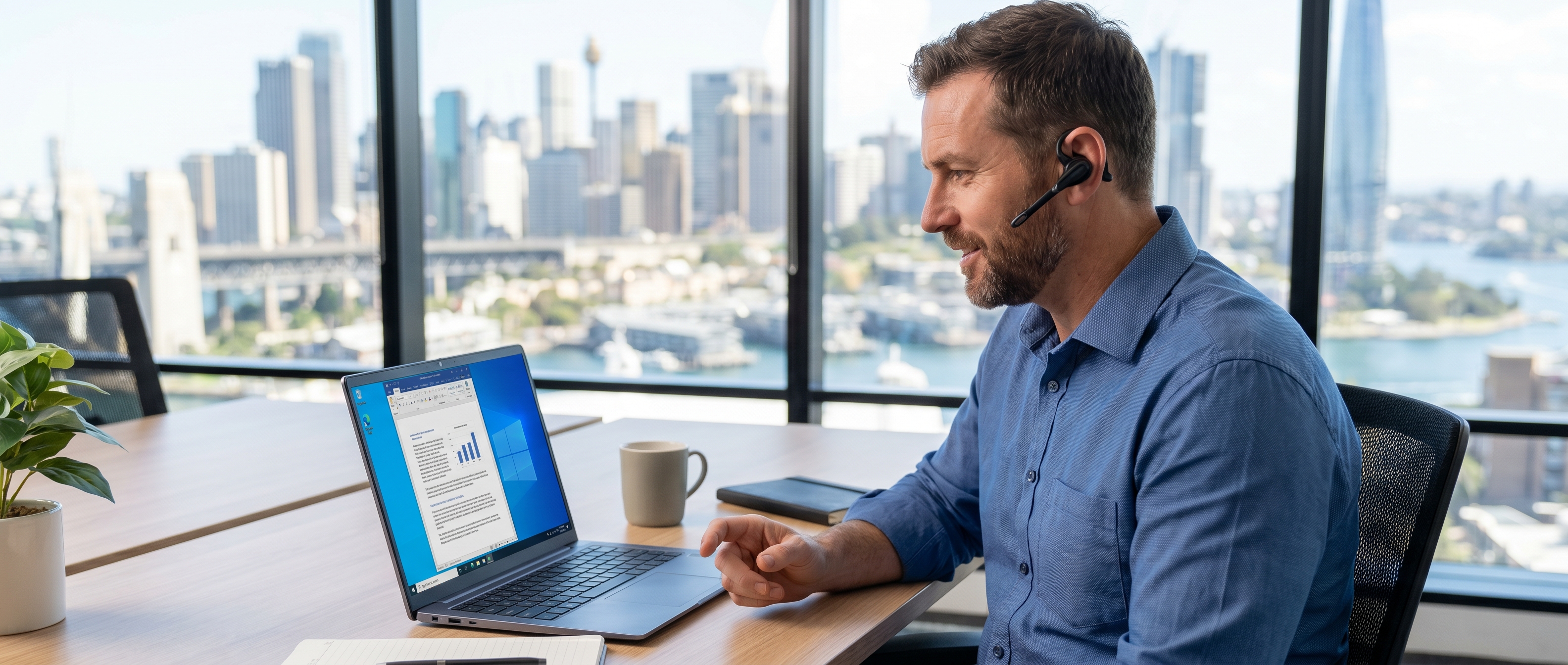 Australian professional using Dragon Professional 16 speech recognition for business dictation in office environment