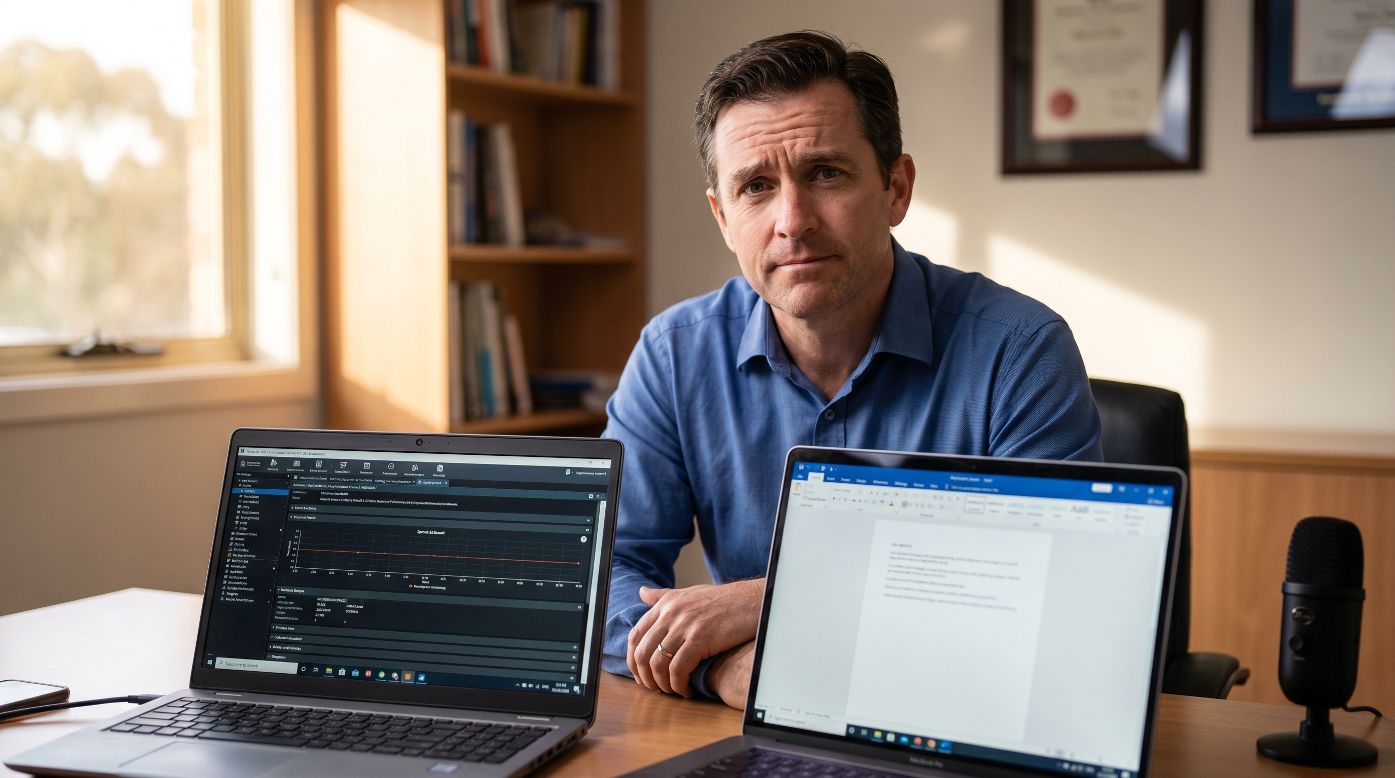 Australian doctor comparing Dragon Professional 16 and Dragon Medical One speech recognition options at desk