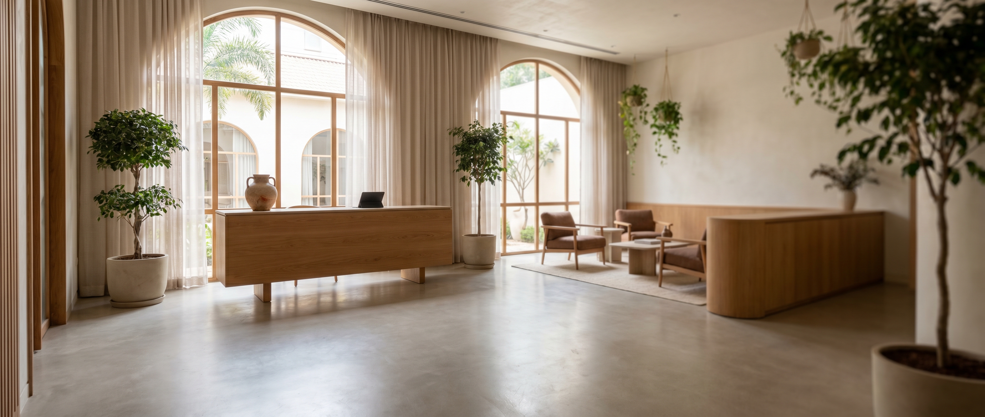A welcoming modern clinic reception, inviting enquiries about Dragon voice recognition in India.